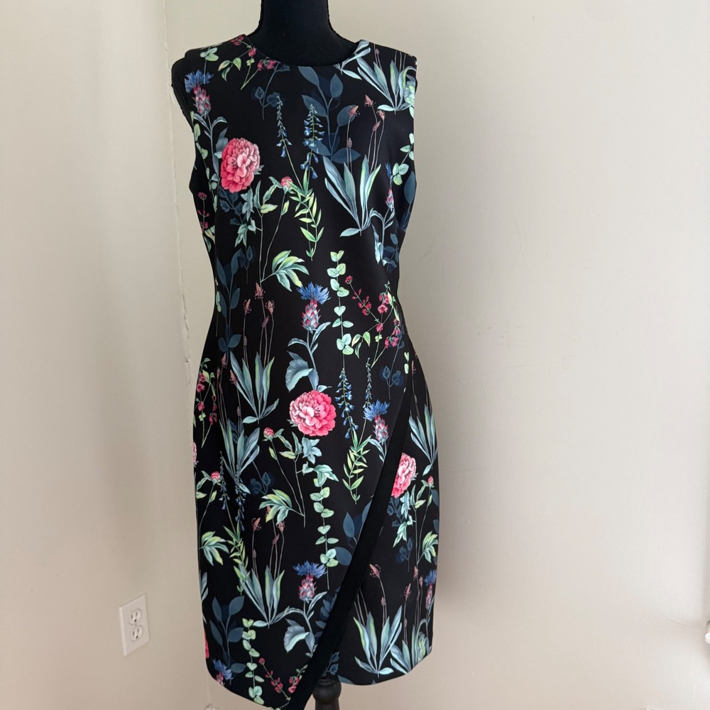 Tommy Hilfiger Floral Sheath Dress Size 10 Black Botanical Faux Wrap Tulip Hem
